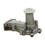 Pompa acqua originale Piaggio 1610087727000 per Porter 1000-1300 Pick-Van, vista di tre quarti: corpo in alluminio pressofuso, mozzo porta-puleggia in acciaio e braccio laterale con bocchettone flangiato