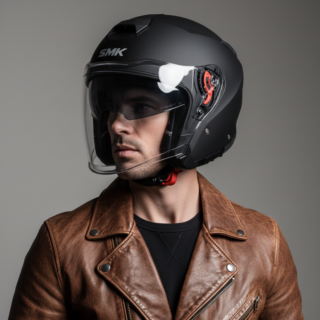 SMK SMK GTJ Casco Jet Nero Opaco – ECE 22.06 Visiera Parasole Integrata Nero Caschi aperti - Moon Bike - Vista 9