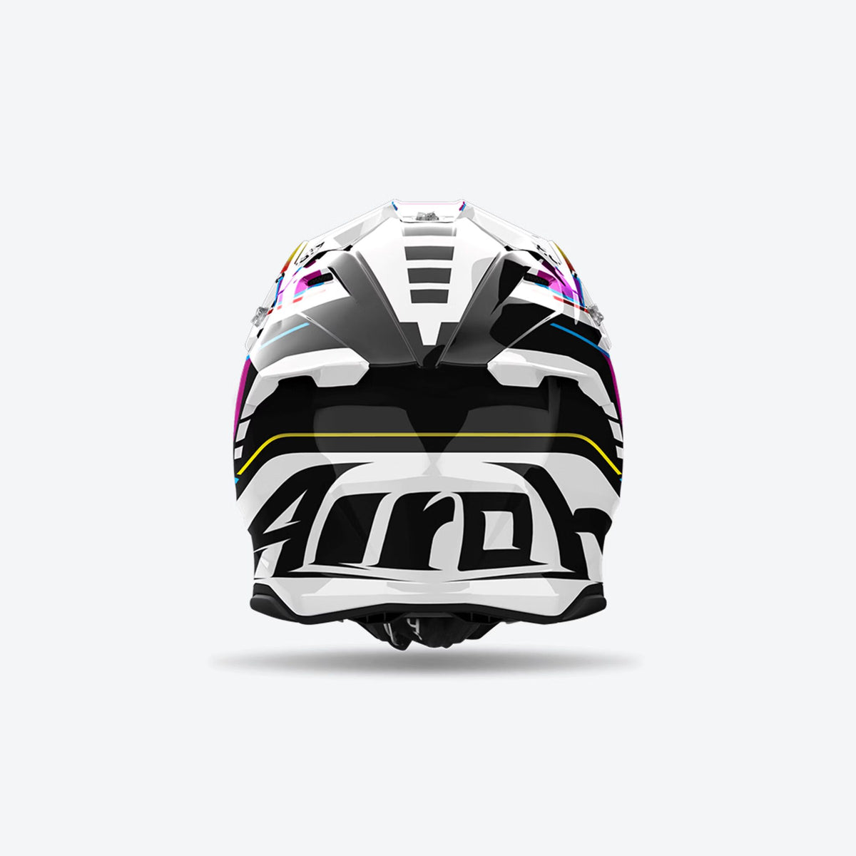 Twist 3 Rainbow Airoh in bianco multicolore, vista posteriore con calotta HRT ed estrattori