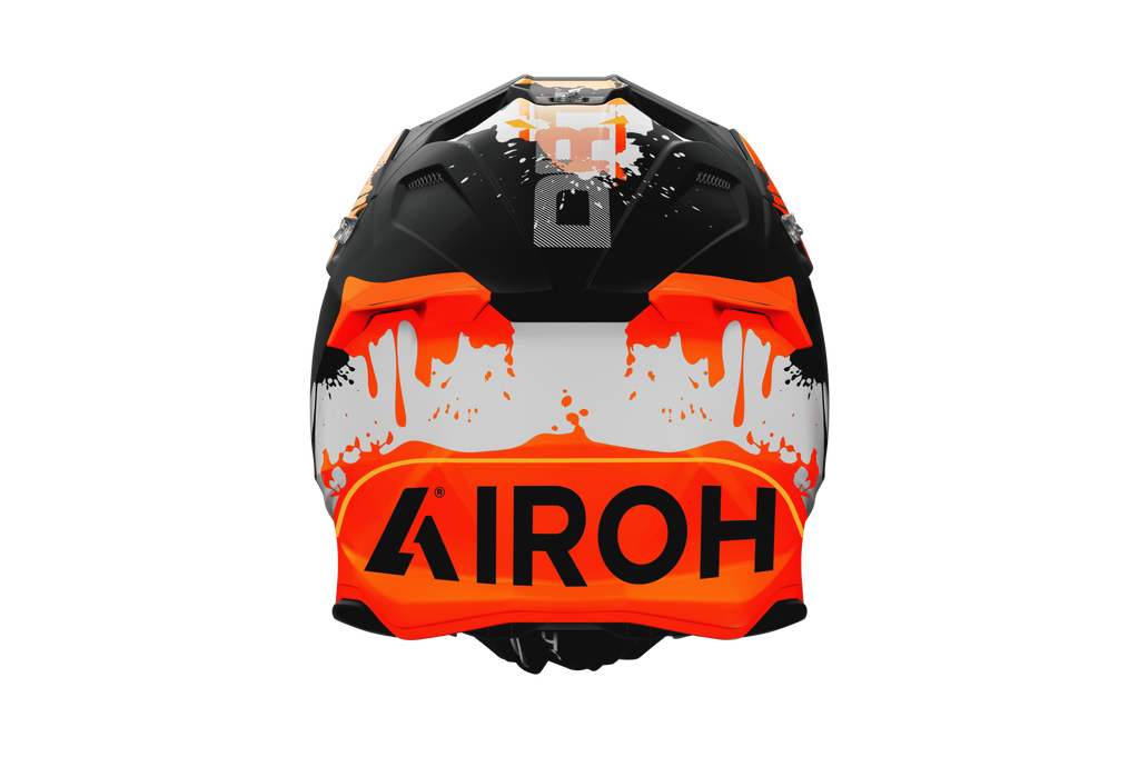 Twist 3 Dirt Airoh in nero arancione opaco, vista frontale con calotta HRT ed estrattori