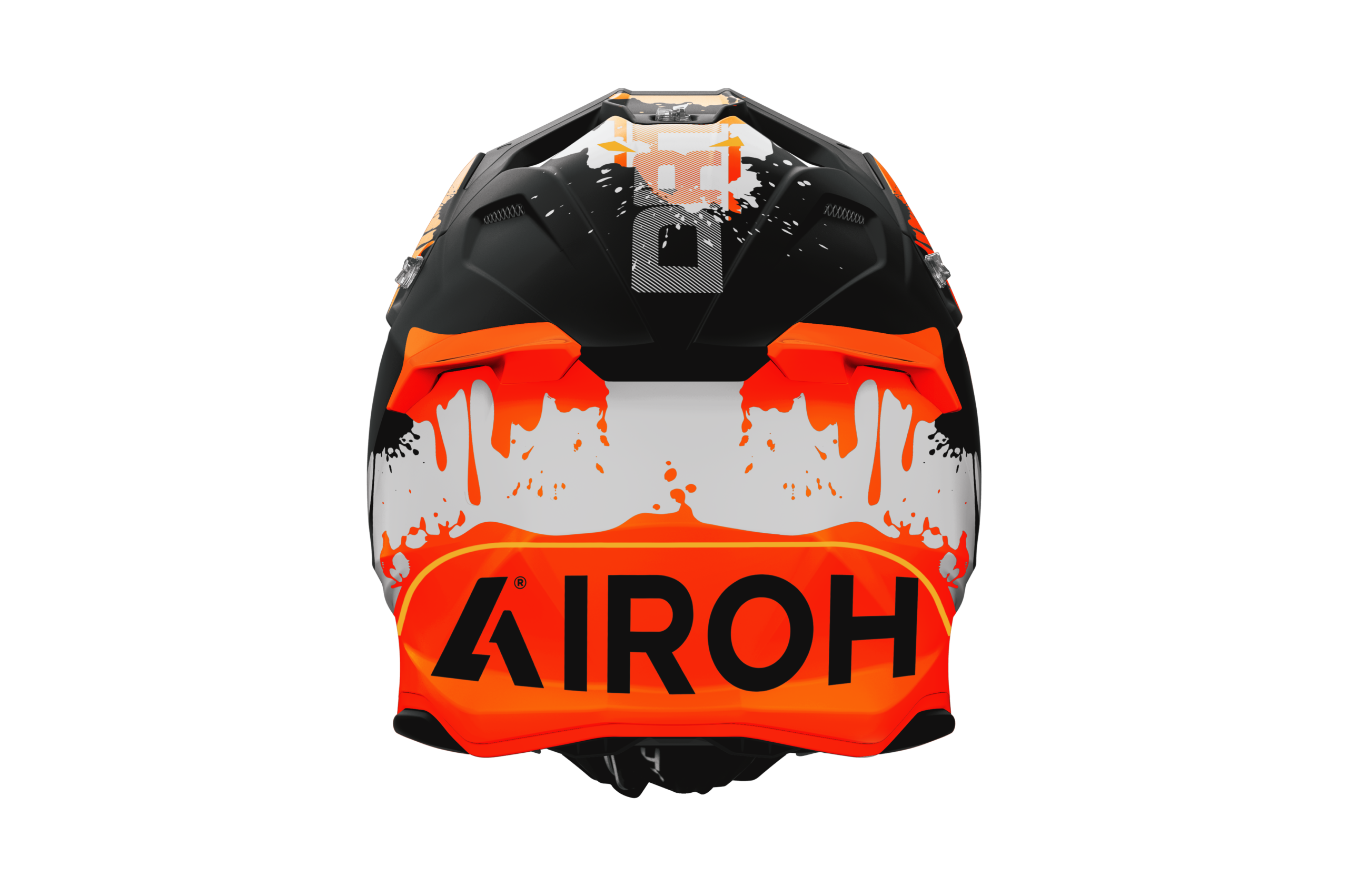 Twist 3 Dirt Airoh in nero arancione opaco, vista frontale con calotta HRT ed estrattori