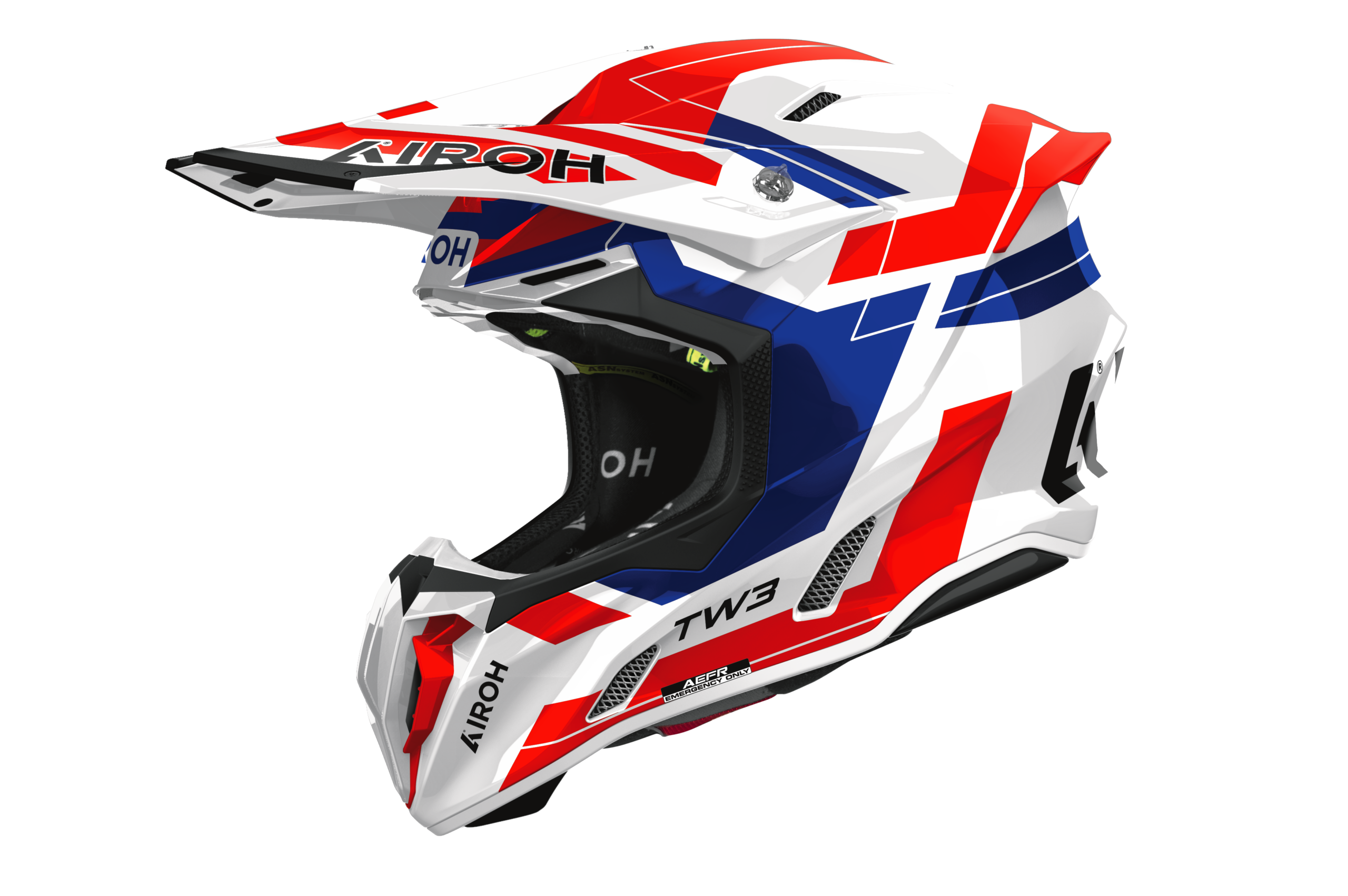 Casco cross Airoh Twist 3 Dynasty bianco blu rosso, vista tre quarti anteriore sinistra