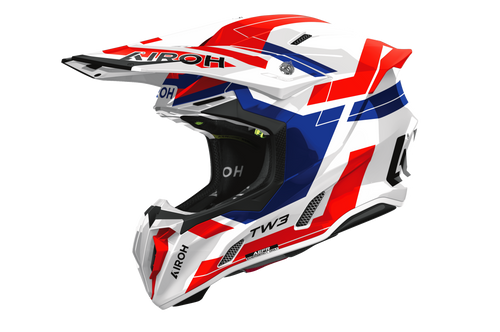 Casco cross Airoh Twist 3 Dynasty bianco blu rosso, vista tre quarti anteriore sinistra