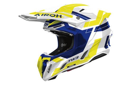 Casco cross Airoh Twist 3 Dynasty blu giallo, vista tre quarti anteriore sinistra