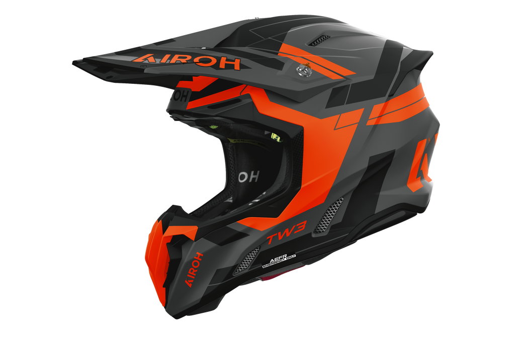Casco cross Airoh Twist 3 Dynasty arancione grigio opaco, vista tre quarti anteriore sinistra