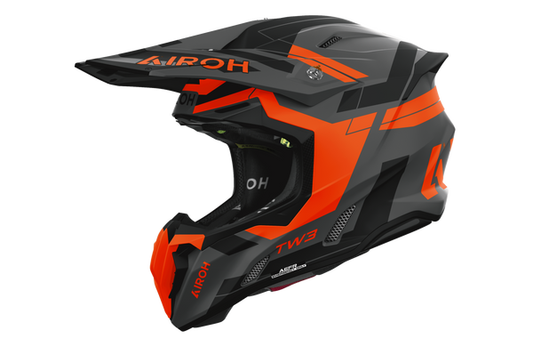Casco cross Airoh Twist 3 Dynasty arancione grigio opaco, vista tre quarti anteriore sinistra