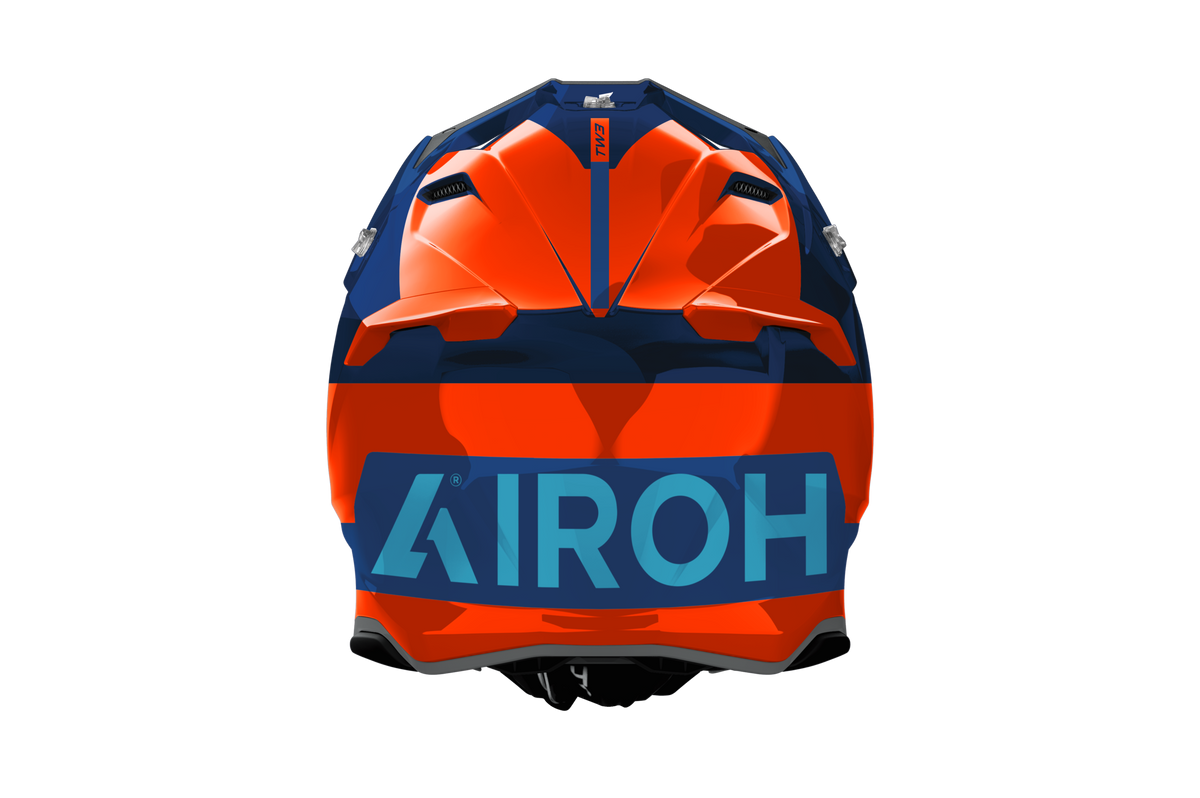 Twist 3 Fancy Airoh in arancione blu, vista frontale con calotta HRT ed estrattori