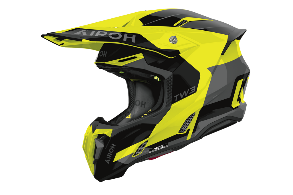 Casco cross Airoh Twist 3 Fancy giallo fluo, vista tre quarti anteriore sinistra