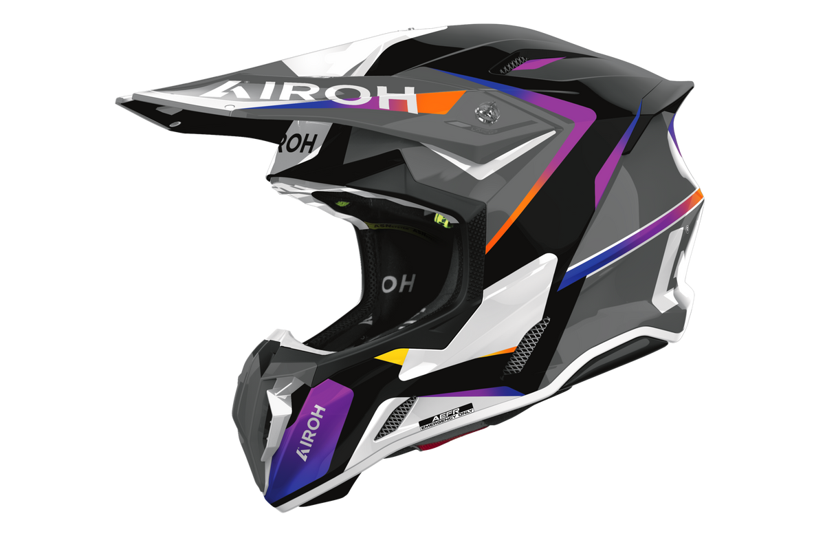 Casco cross Airoh Twist 3 Hustle nero viola, vista tre quarti anteriore sinistra