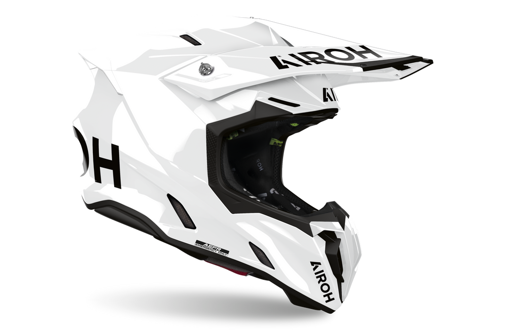 Airoh Twist 3 Color bianco lucido codice TW314, vista tre quarti posteriore con frontino e prese d'aria
