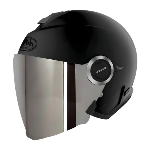 Visiera Airoh 05HEAG argento specchiata montata su un casco jet Airoh nero, di profilo