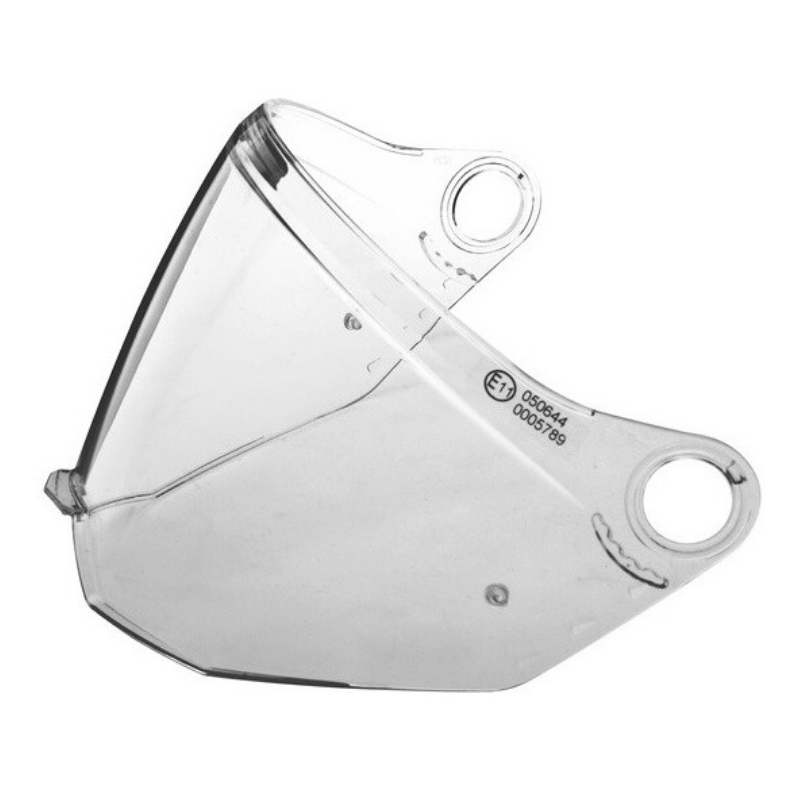 Visiera trasparente Airoh 6603 in policarbonato per casco Commander, con fori di aggancio laterali e marcatura di omologazione impressa
