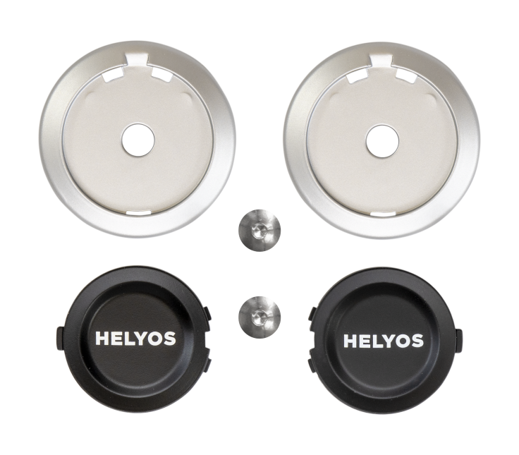 Kit placchette visiera originale Airoh 7365 per casco Helyos: due coperchi neri, due anelli color argento e due viti, foto ufficiale del ricambio