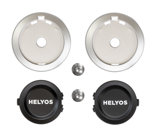 Kit placchette visiera originale Airoh 7365 per casco Helyos: due coperchi neri, due anelli color argento e due viti, foto ufficiale del ricambio