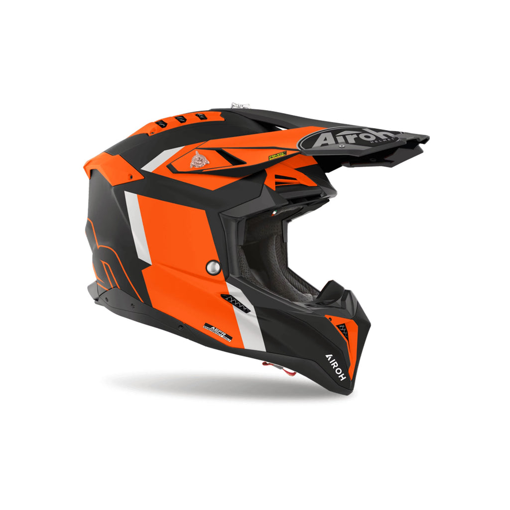 Casco cross Airoh Aviator 3 Glory Arancio/Nero Opaco, vista di tre quarti dal lato opposto