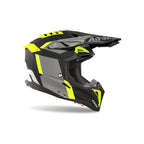 Casco cross Airoh Aviator 3 Glory Nero/Giallo Fluo Opaco, vista di tre quarti dal lato opposto