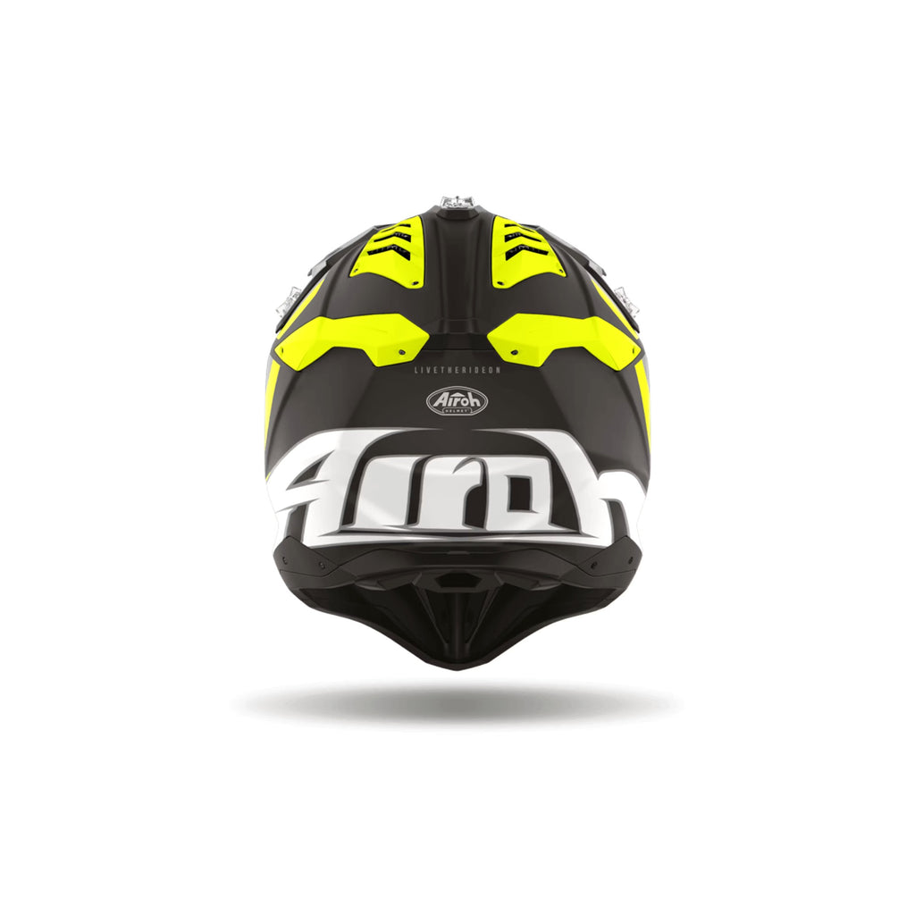 Airoh Aviator 3 Glory Nero/Giallo Fluo Opaco (AV3GL31), vista posteriore con il logo Airoh
