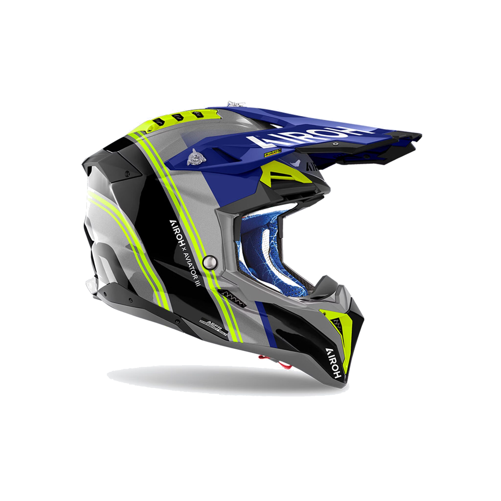 Airoh Aviator 3 Hima Blu/Grigio/Giallo Fluo Lucido AV3H18, casco cross, vista di tre quarti dal lato destro