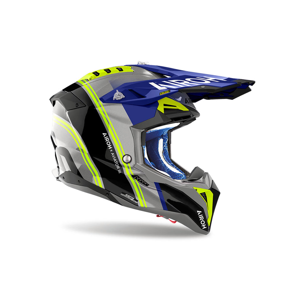 Casco cross Airoh Aviator 3 Hima Blu/Grigio Lucido, vista di tre quarti dal lato opposto