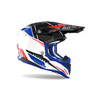 Casco cross Airoh Aviator 3 Push Bianco/Blu/Rosso Lucido, vista di tre quarti dal lato opposto