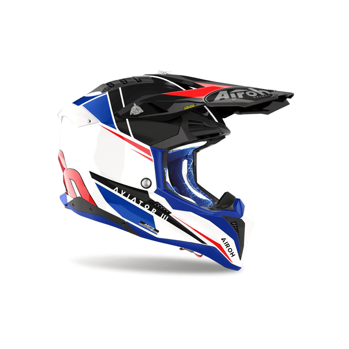 Casco cross Airoh Aviator 3 Push Bianco/Blu/Rosso Lucido, vista di tre quarti dal lato opposto