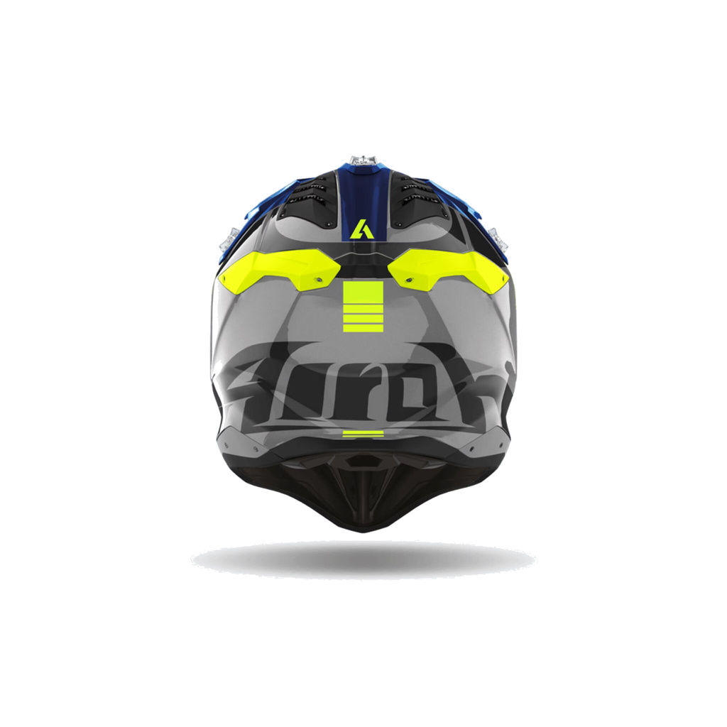 Airoh Aviator 3 Push Blu/Grigio/Giallo Fluo Lucido AV3P18, casco cross, visto da dietro