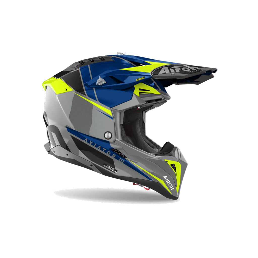 Airoh Aviator 3 Push Blu/Grigio/Giallo Fluo Lucido AV3P18, casco cross, vista di tre quarti dal lato destro