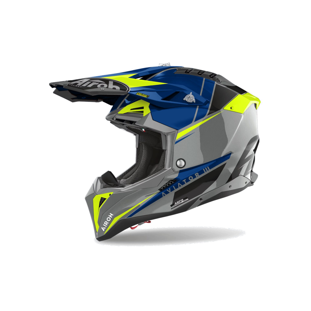 Airoh Aviator 3 Push Blu/Grigio/Giallo Fluo Lucido AV3P18, casco cross, vista di tre quarti dal lato sinistro
