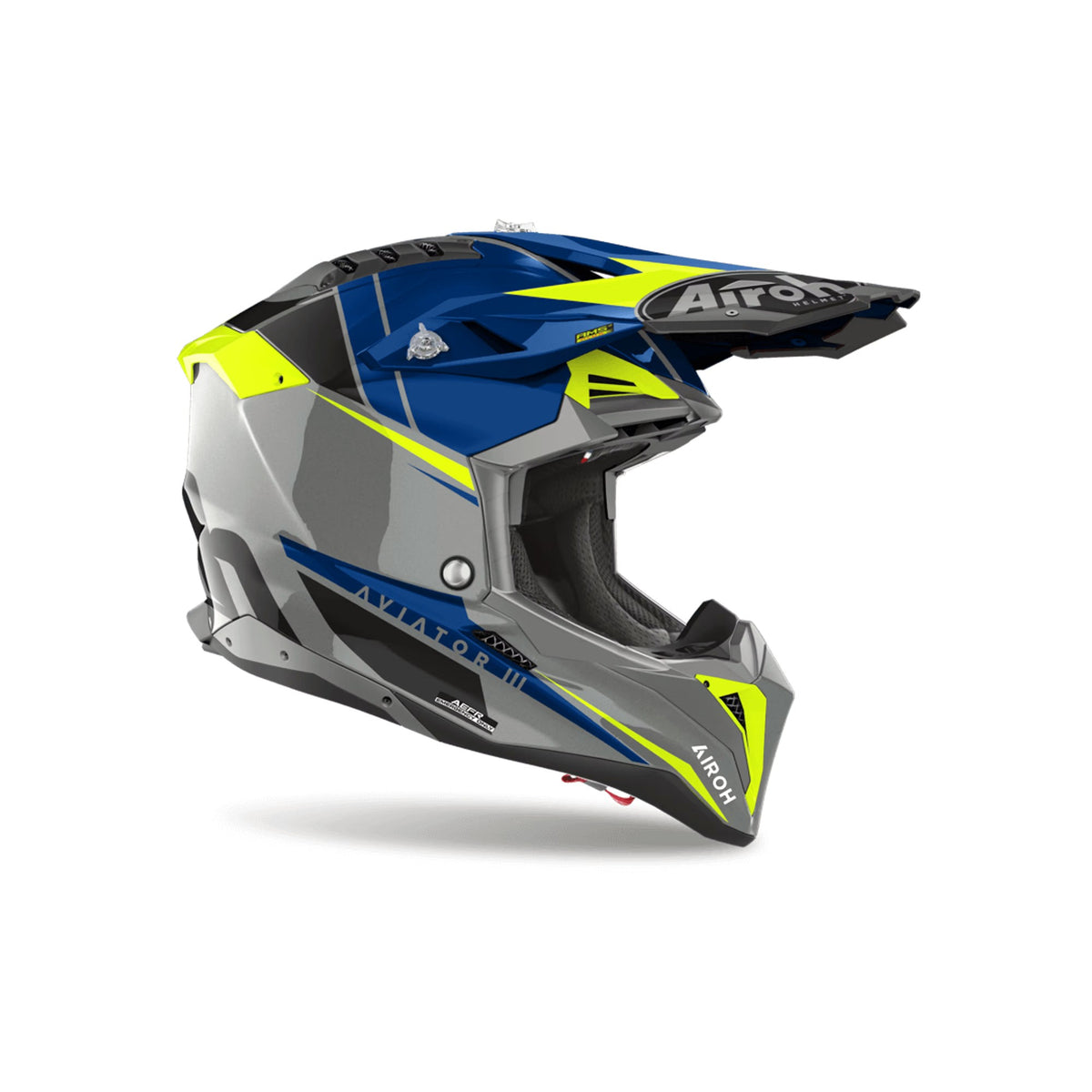 Casco cross Airoh Aviator 3 Push Grigio/Blu/Giallo Fluo Lucido, vista di tre quarti dal lato opposto