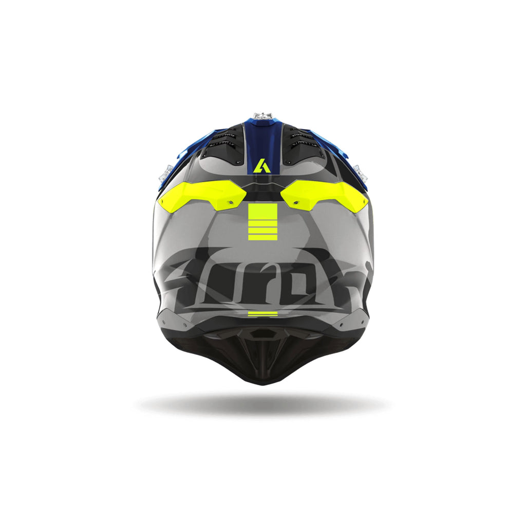 Airoh Aviator 3 Push Grigio/Blu/Giallo Fluo Lucido (AV3P18), vista posteriore con il logo Airoh
