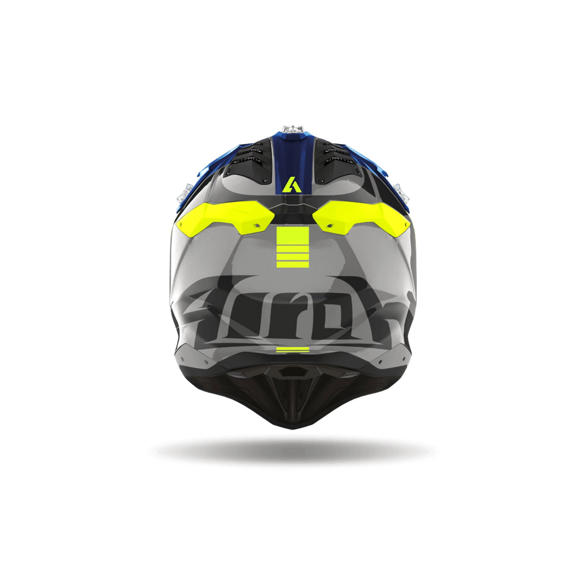 Airoh Aviator 3 Push Grigio/Blu/Giallo Fluo Lucido (AV3P18), vista posteriore con il logo Airoh