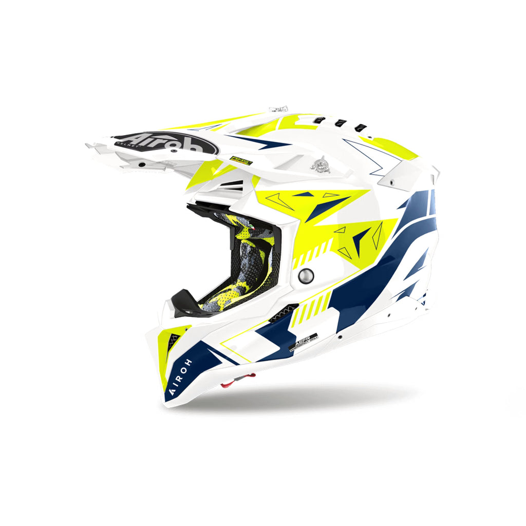 Airoh Aviator 3 Spin Bianco/Giallo Fluo/Blu Lucido (AV3SP18), casco cross in vista laterale di tre quarti