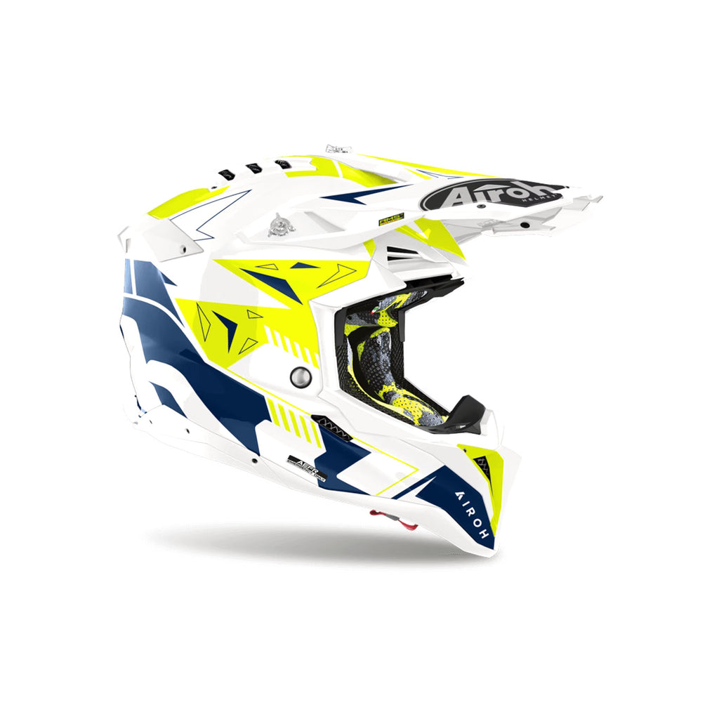 Casco cross Airoh Aviator 3 Spin Bianco/Giallo Fluo/Blu Lucido, vista di tre quarti dal lato opposto