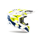 Casco cross Airoh Aviator 3 Spin Bianco/Giallo Fluo/Blu Lucido, vista di tre quarti dal lato opposto