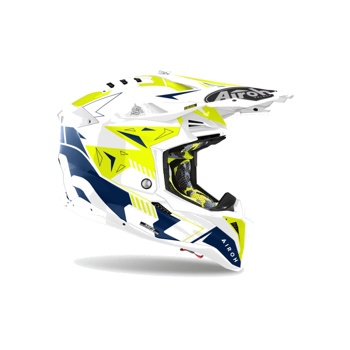 Airoh Aviator 3 Spin Bianco/Giallo Fluo/Blu Lucido AV3SP18, casco cross, vista di tre quarti dal lato destro