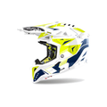 Airoh Aviator 3 Spin Bianco/Giallo Fluo/Blu Lucido AV3SP18, casco cross, vista di tre quarti dal lato sinistro