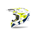 Airoh Aviator 3 Spin Bianco/Giallo Fluo/Blu Lucido AV3SP18, casco cross, vista di tre quarti dal lato sinistro