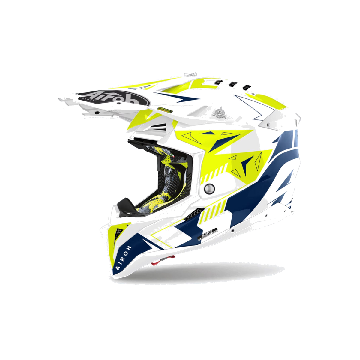 Airoh Aviator 3 Spin Bianco/Giallo Fluo/Blu Lucido AV3SP18, casco cross, vista di tre quarti dal lato sinistro