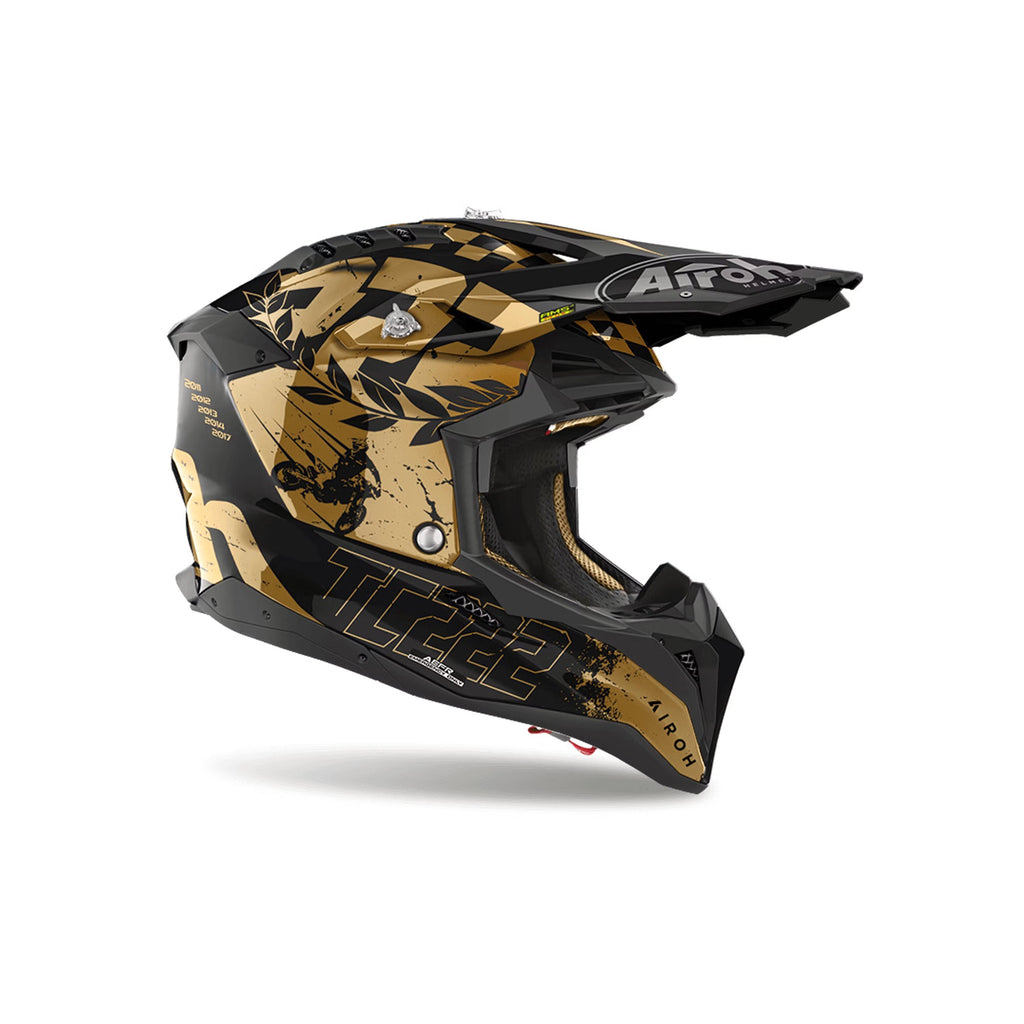 Casco cross Airoh Aviator 3 TC222 The Legend Nero/Oro Lucido, vista di tre quarti dal lato opposto
