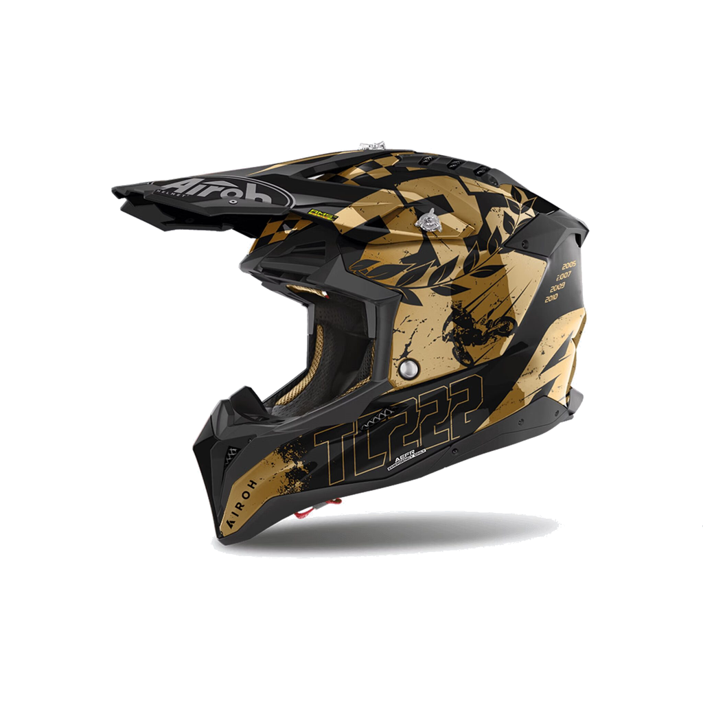 Airoh Aviator 3 TC222 The Legend Nero/Oro Lucido AV3LTC17, casco cross, vista di tre quarti dal lato sinistro