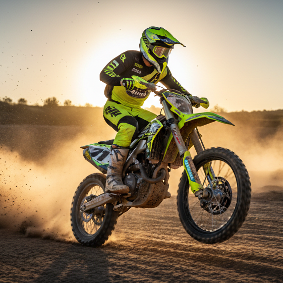 Pilota con casco Airoh Aviator 3 Wave giallo fluo in sella a una moto da cross