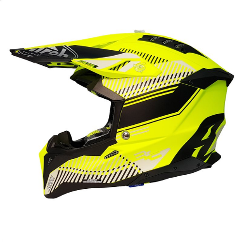 Airoh Aviator 3 Wave giallo fluo e nero opaco, profilo sinistro con frontino regolabile