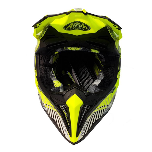 Airoh Aviator 3 Wave giallo fluo visto di fronte, ampia apertura per la maschera