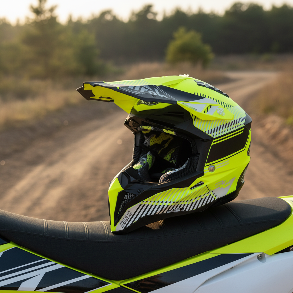 Casco cross Airoh Aviator 3 Wave giallo fluo appoggiato sulla sella di una moto da cross