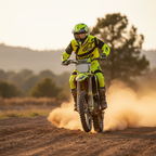 Pilota di motocross con casco Airoh Aviator 3 Wave giallo fluo in azione su sterrato