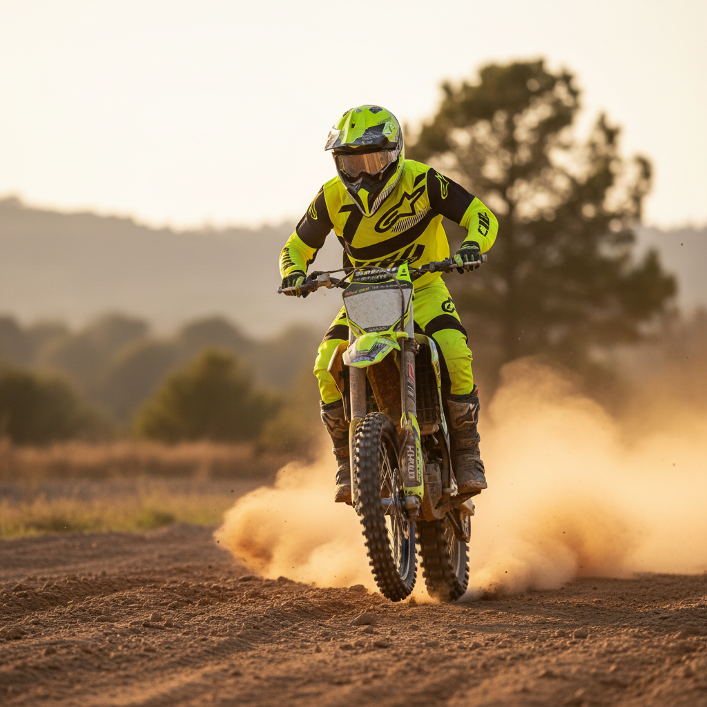 Pilota di motocross con casco Airoh Aviator 3 Wave giallo fluo in azione su sterrato