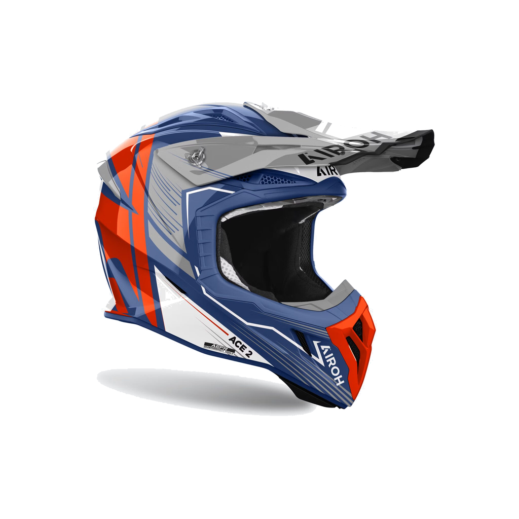Airoh Aviator Ace 2 Engine Blu/Arancio/Grigio Lucido AV22E82, casco cross, vista di tre quarti dal lato destro