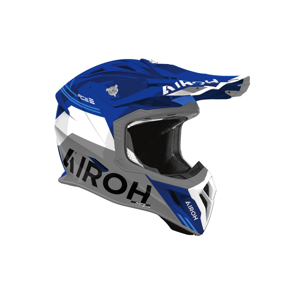 Casco cross Airoh Aviator Ace 2 Fury Blu/Grigio Lucido, vista di tre quarti dal lato opposto