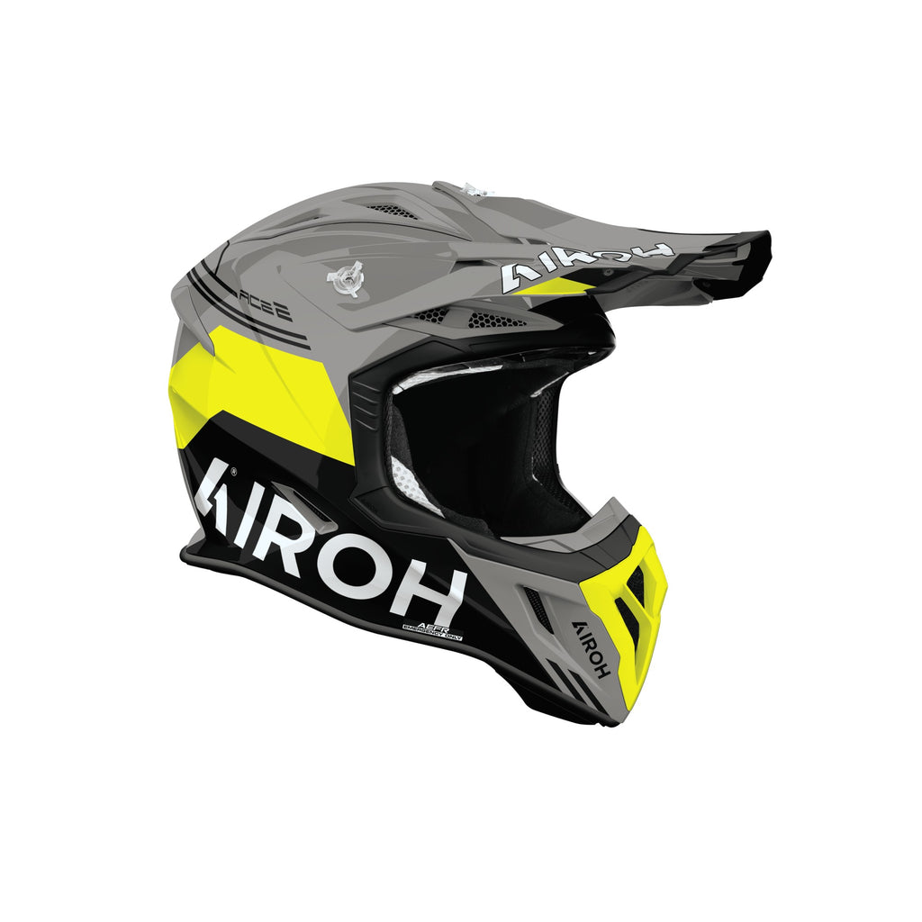 Casco cross Airoh Aviator Ace 2 Fury Grigio/Giallo Fluo Lucido, vista di tre quarti dal lato opposto