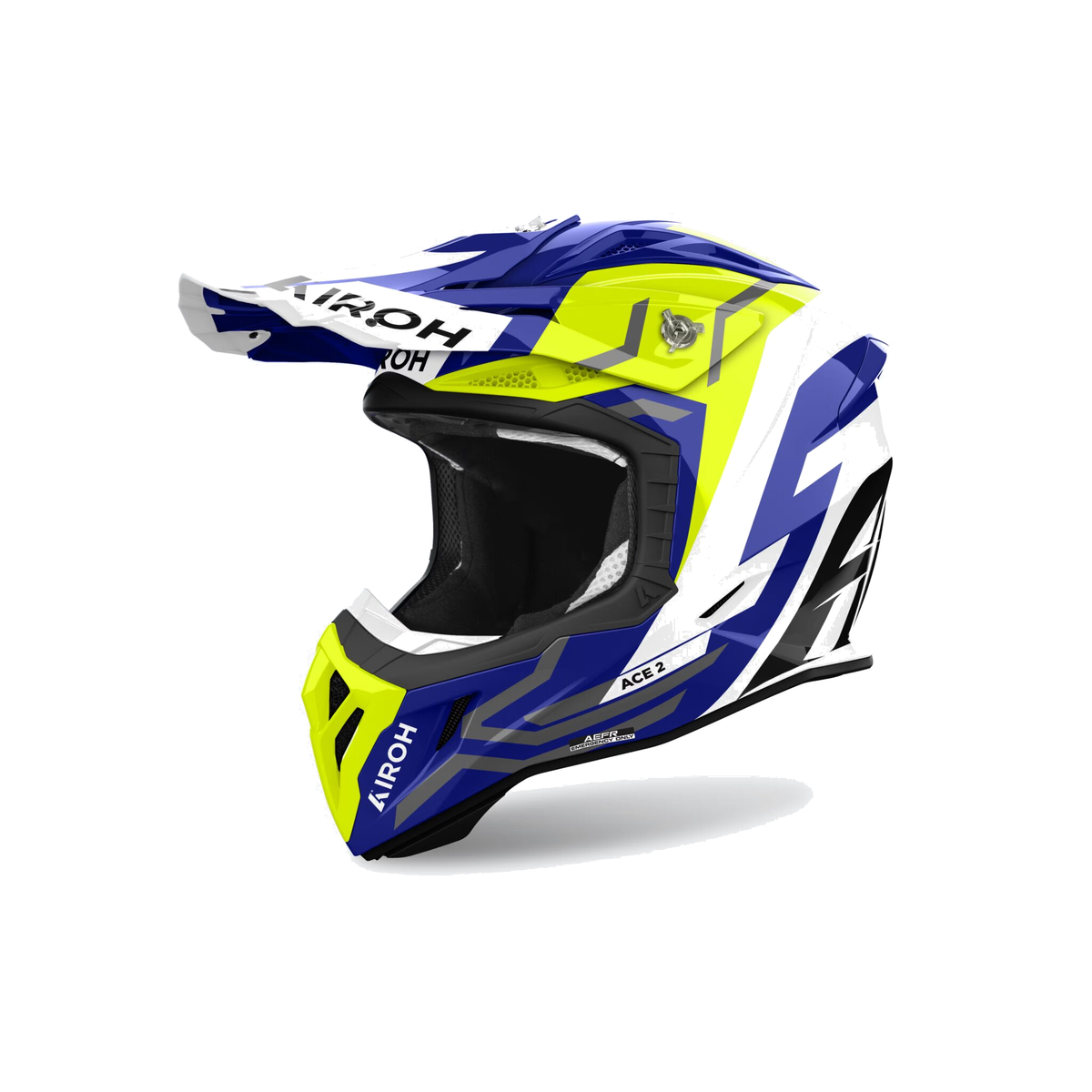 Airoh Aviator Ace 2 Ground Blu/Giallo Fluo/Bianco Lucido AV22G31, casco cross, vista di tre quarti dal lato sinistro